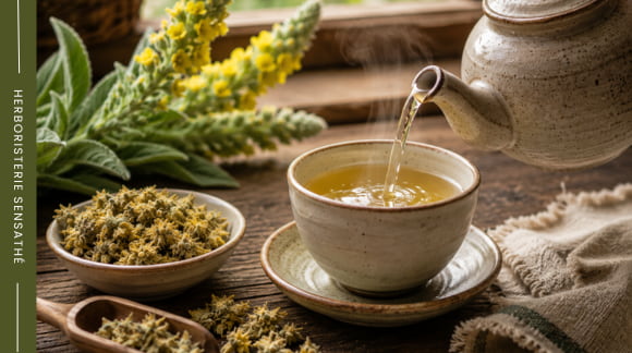 Préparation d’une infusion de bouillon-blanc contre la bronchite - Herboristerie Sensathé Préparation d’une infusion de bouillon-blanc contre la bronchite - Herboristerie Sensathé